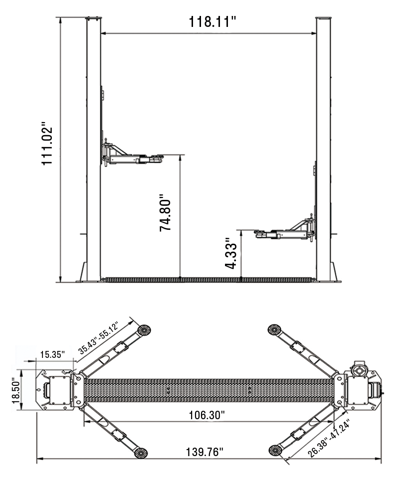 Fortisky FL-120GX 2-Post Car Lift 12,000 lb Capacity Single Point Lock Release