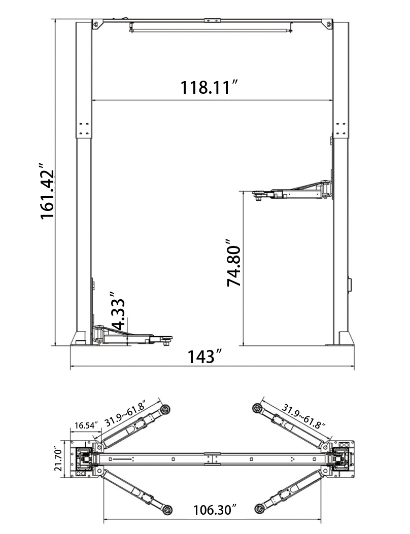 Fortisky FL-120TX 2-Post Car Lift 12,000 lb Capacity Overhead Single Point Lock Release