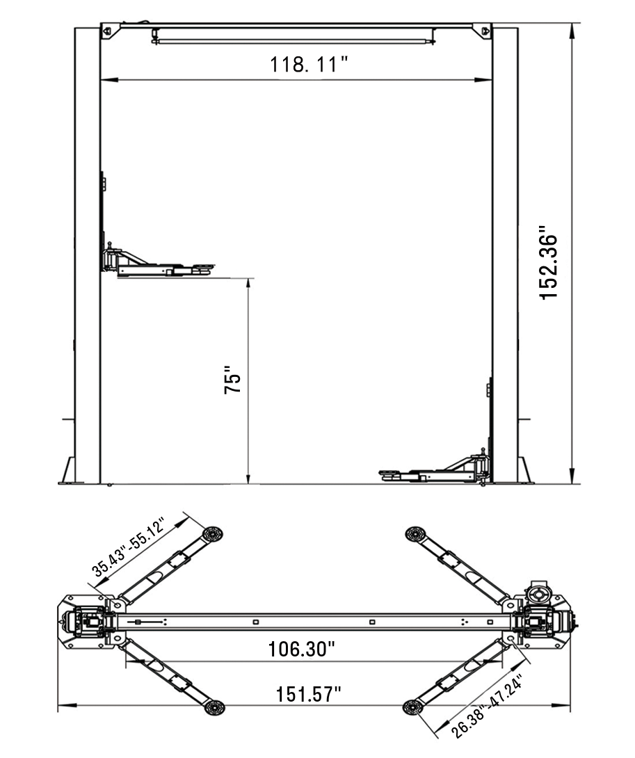 Fortisky FL-120LX 2-Post Car Lift 12,000 lb Capacity Overhead Single Point Lock Release